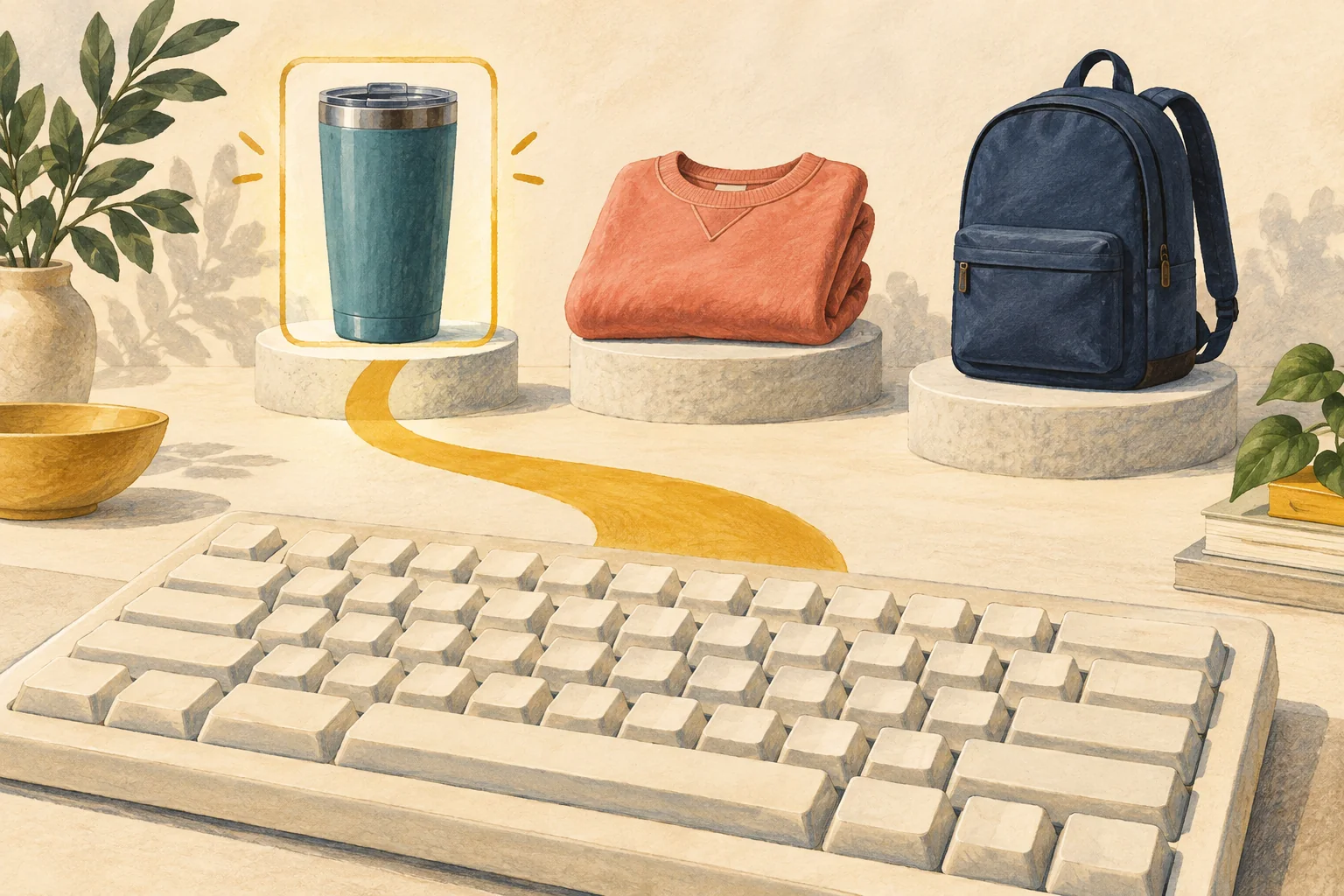 Editorial illustration of a cream keyboard connected by a golden path to a teal tumbler, folded coral sweatshirt and navy backpack.
