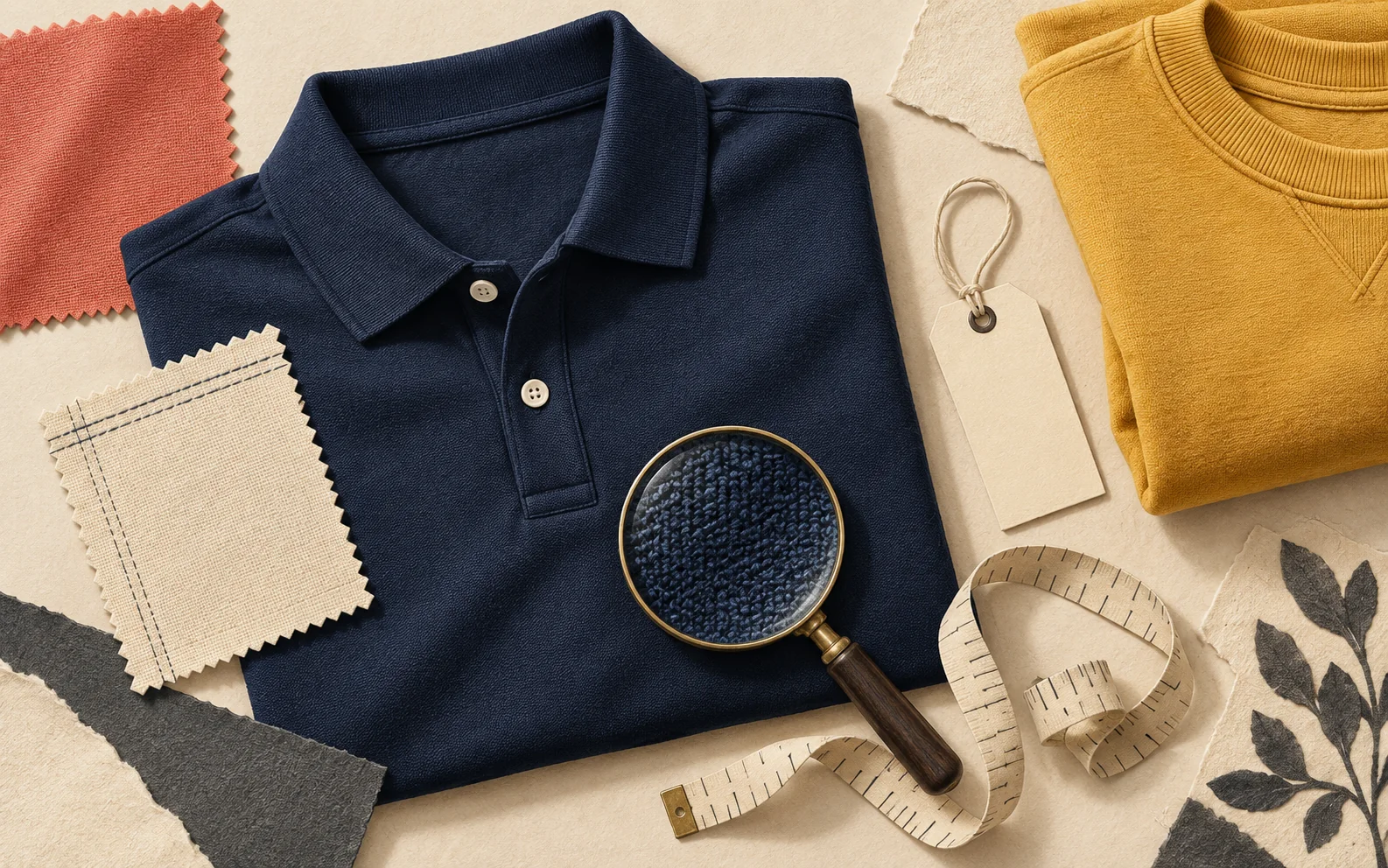 Conceptual textile collage of a navy polo, fabric swatches, magnifying glass, measuring tape and folded golden sweatshirt.