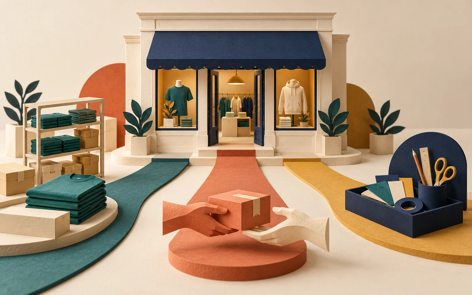 Conceptual paper-sculpture storefront with three paths: folded shirts and stock shelves, hands passing a parcel, and a tray of design tools.