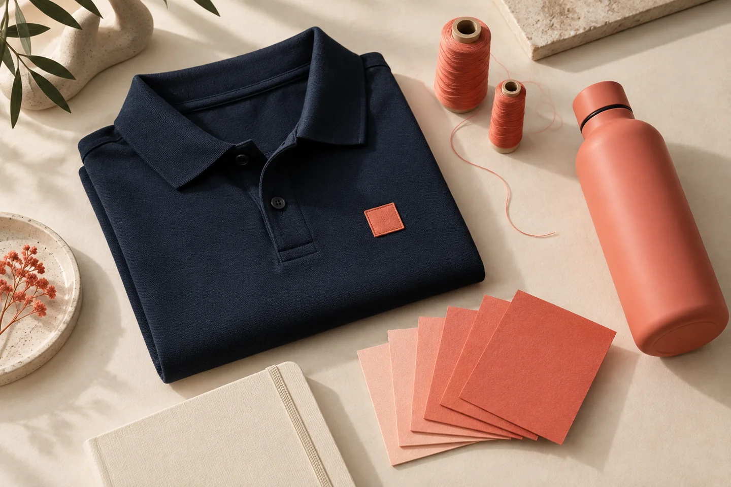 Conceptual still life of a navy polo, coral thread spools, bottle and paper swatches showing color across different merchandise materials.