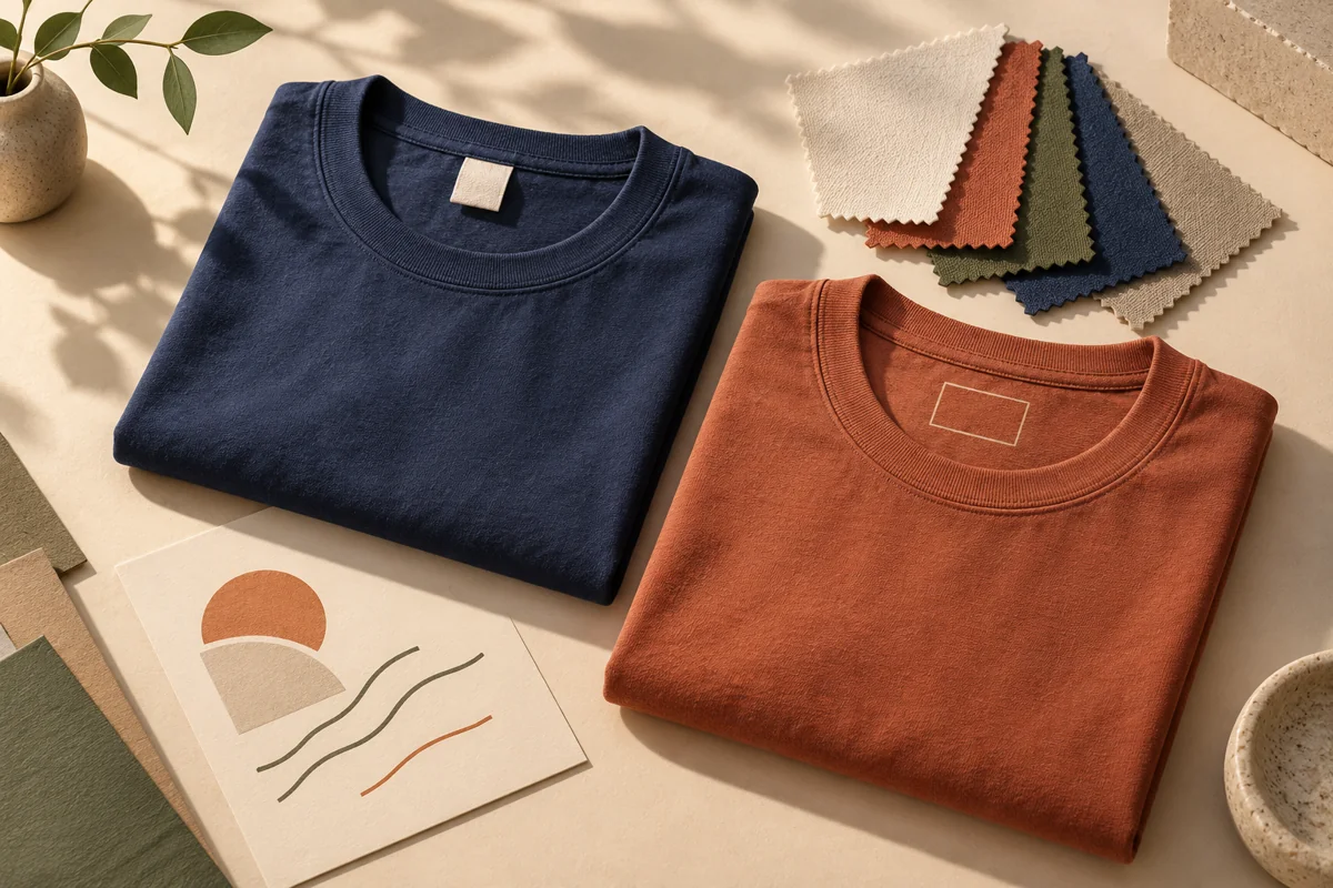 Conceptual illustration of navy and terracotta shirts comparing a blank sewn neck tag with an inside print area, beside fabric swatches and an approval card.