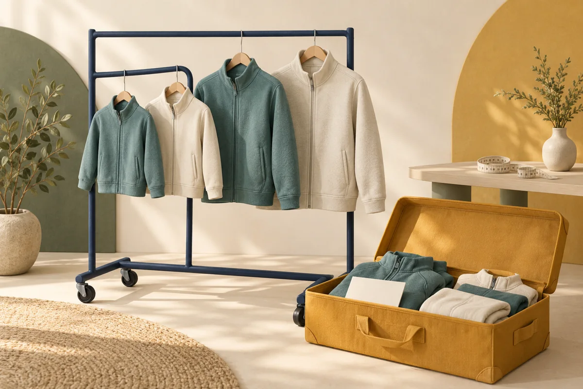 Conceptual illustration of plain jackets in graduated sizes on a garment rack beside an open reusable sample case and measuring tape.