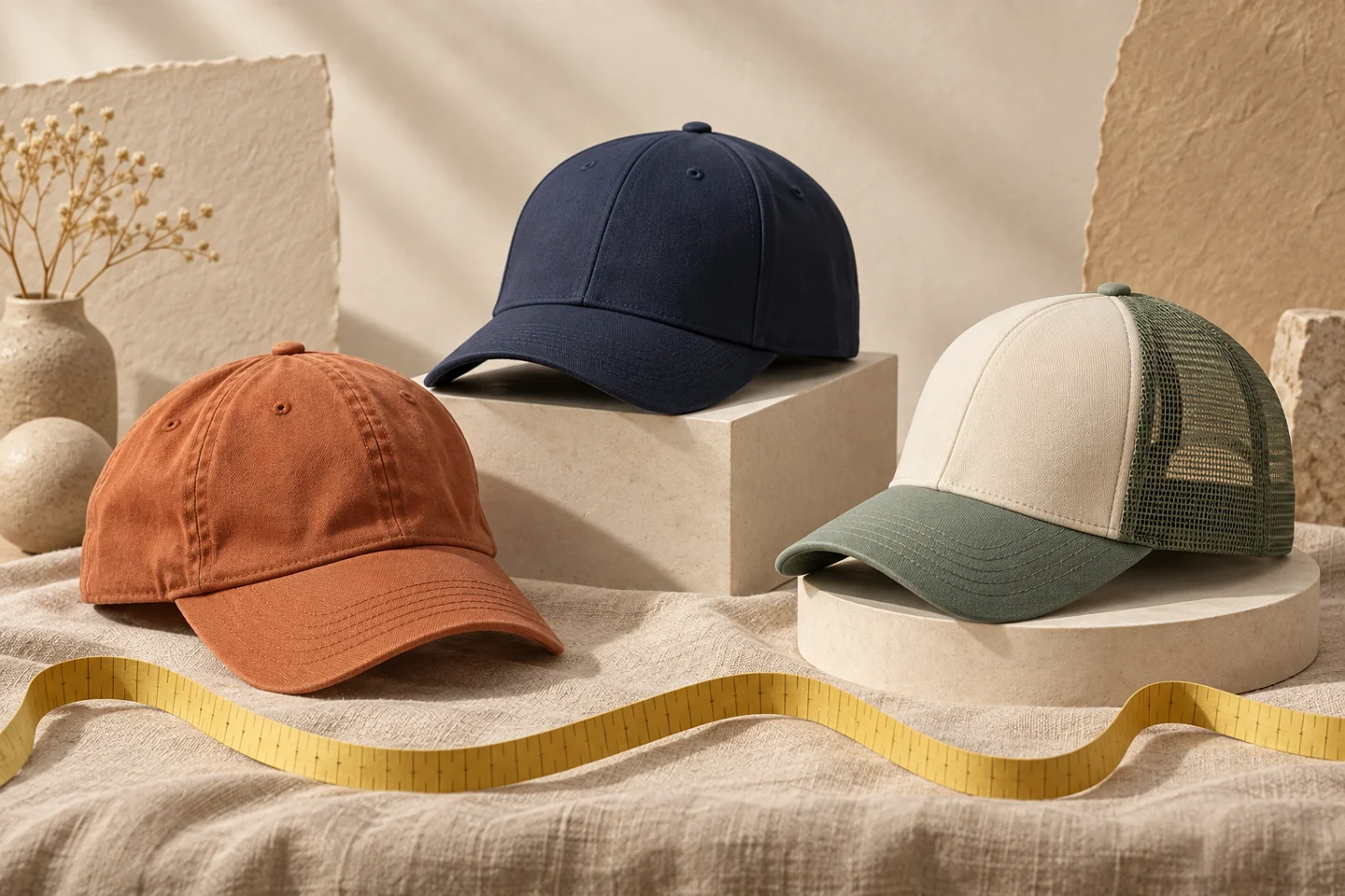 Three unbranded caps—a clay-orange soft cap, navy structured cap and cream-and-sage mesh-back cap—displayed beside a yellow measuring ribbon.