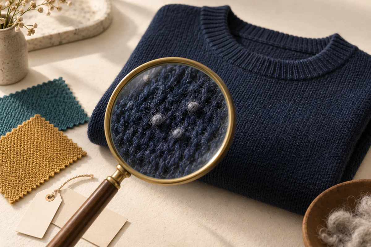 Conceptual textile inspection scene with a navy sweater, magnifying lens showing knit fibers and small pills, and teal and mustard swatches.