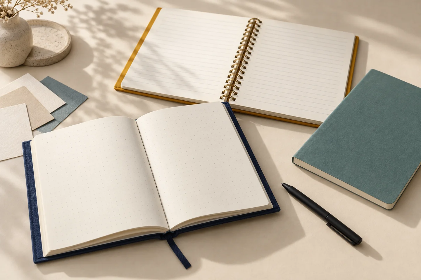 An open navy dotted notebook, mustard wire-bound ruled notebook and closed teal notebook arranged with a black pen and paper swatches.
