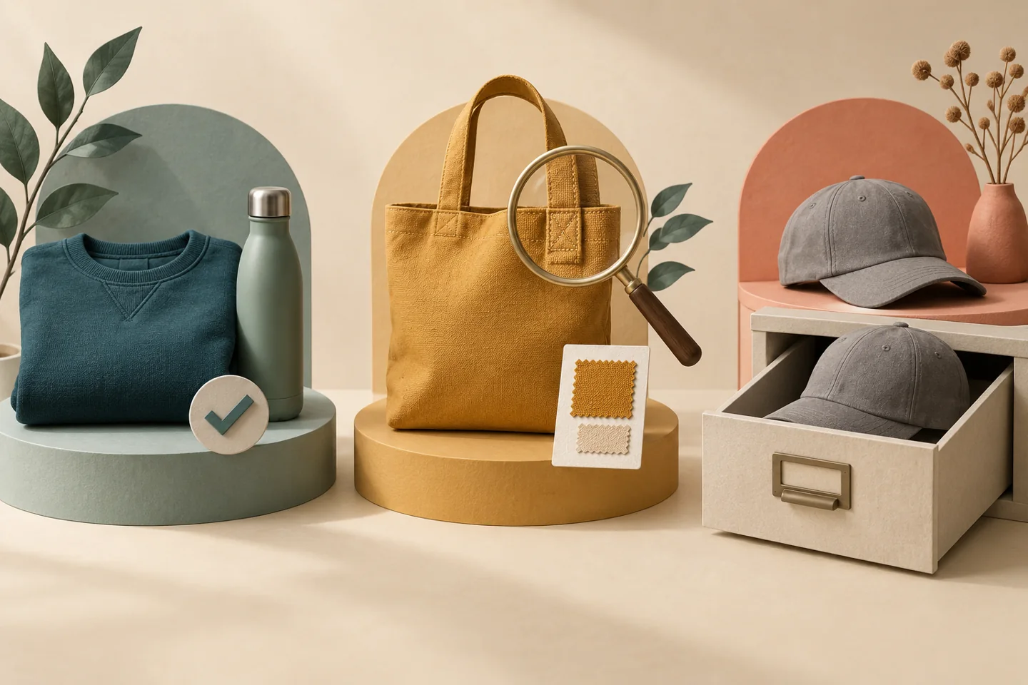 Editorial still life of a sweatshirt and bottle retained on a pedestal, a tote examined with a magnifying glass, and duplicate caps beside an archive drawer.