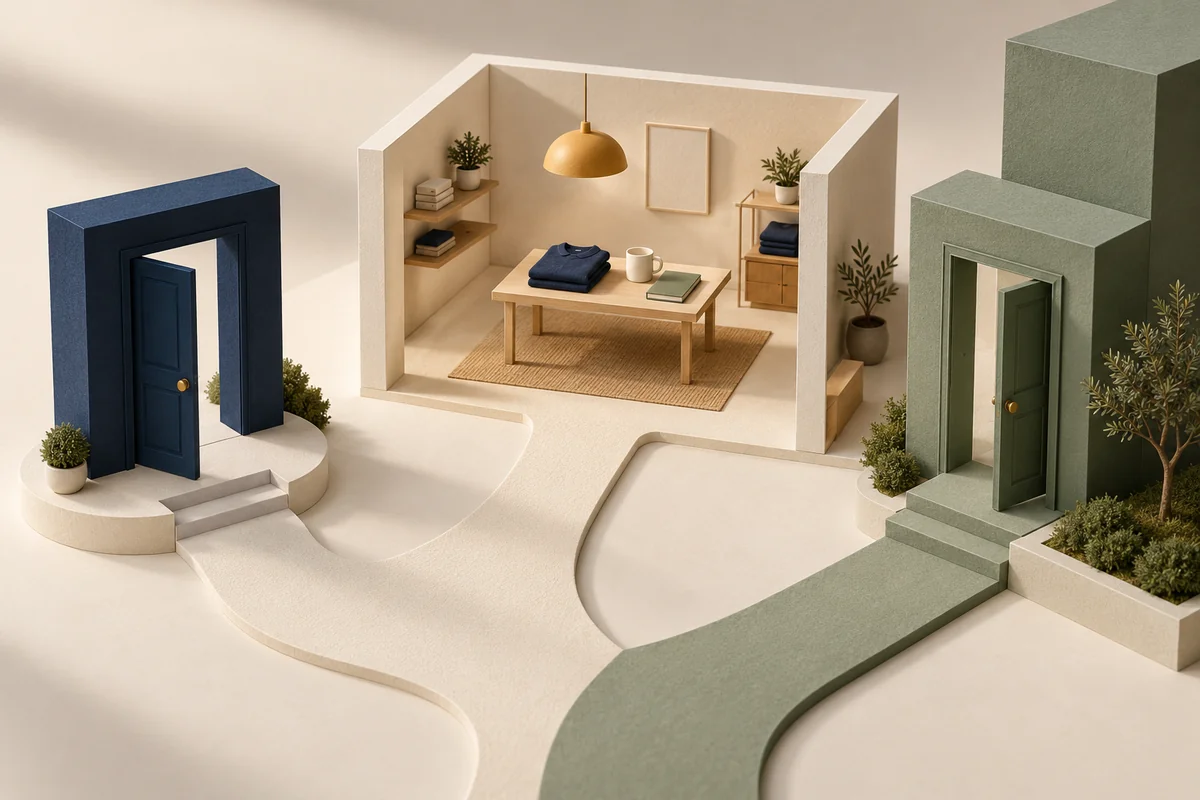 Architectural miniature with navy and sage entrances leading to one unbranded merchandise display, illustrating two company-store address models.