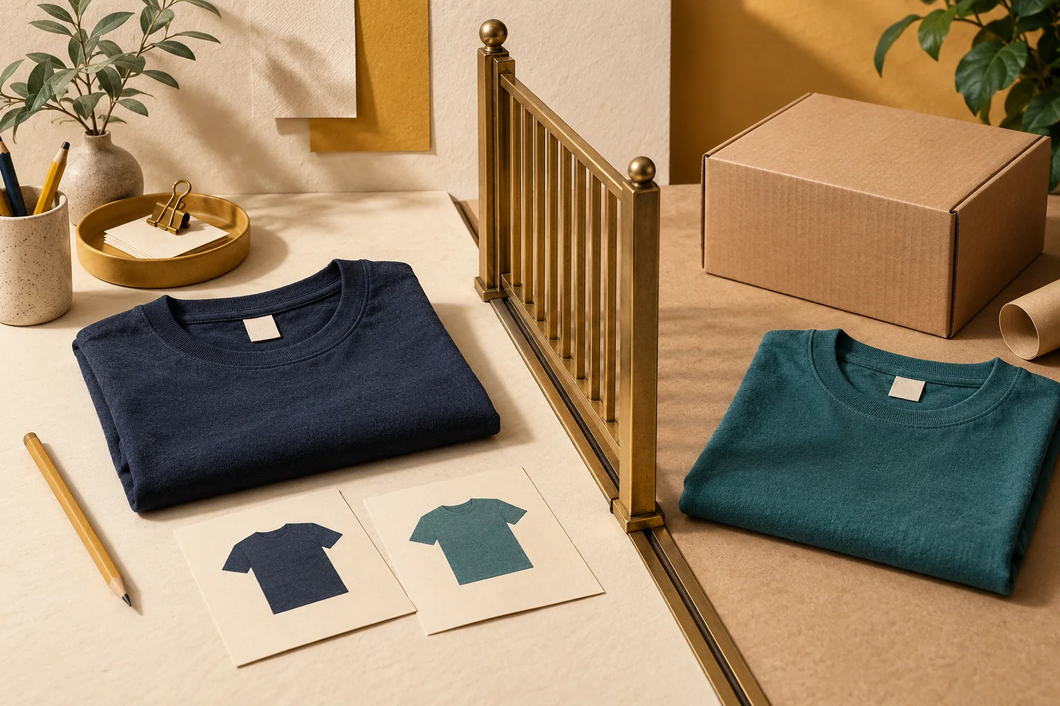 Conceptual editorial illustration of folded shirts and editable order cards separated from a shipping box by a brass sliding gate.