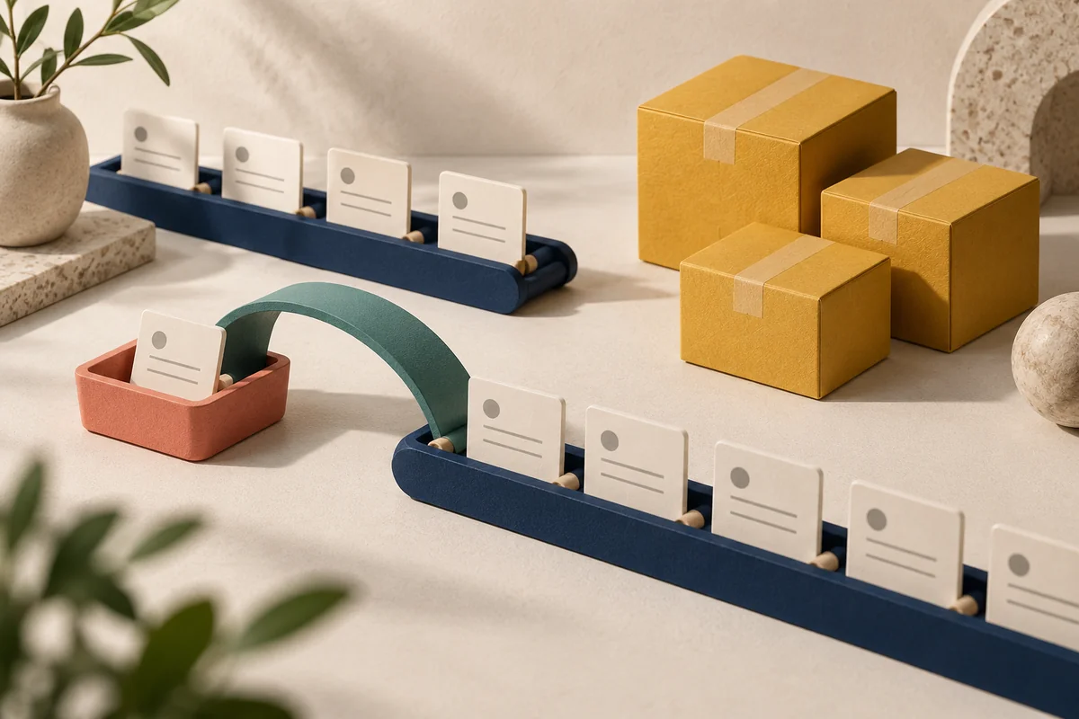 Handcrafted cream order cards on navy rails beside mustard parcels, with a teal bridge reconnecting a card from a coral side tray.