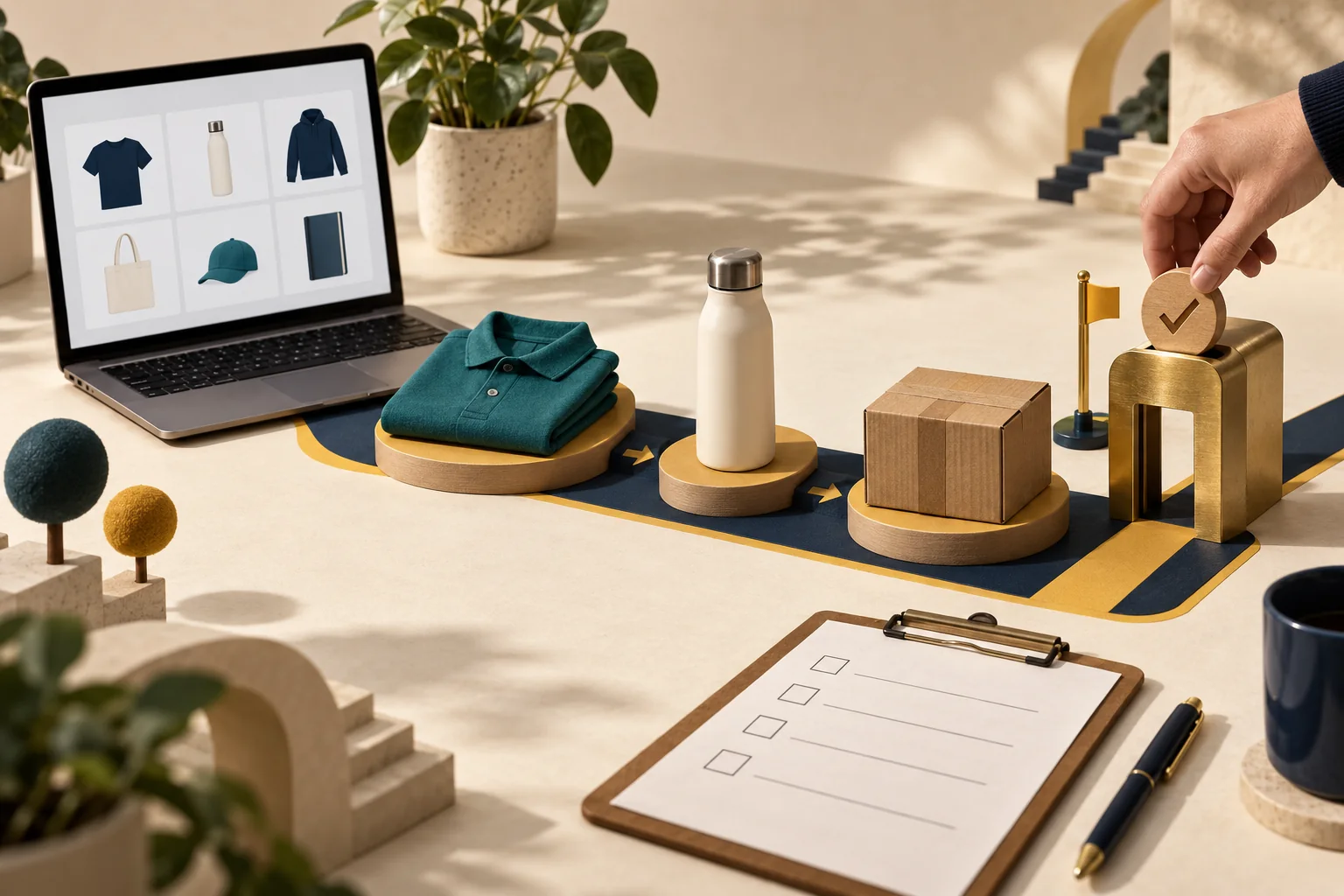 Conceptual tabletop store pilot with a laptop, polo, bottle and parcel along a path ending at an approval gate.