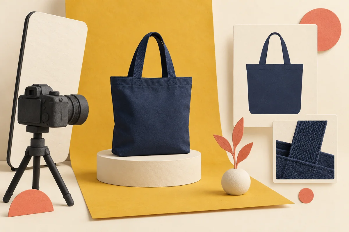Conceptual illustration of a navy tote in a tabletop photography studio beside flat product-view and handle-detail cards.