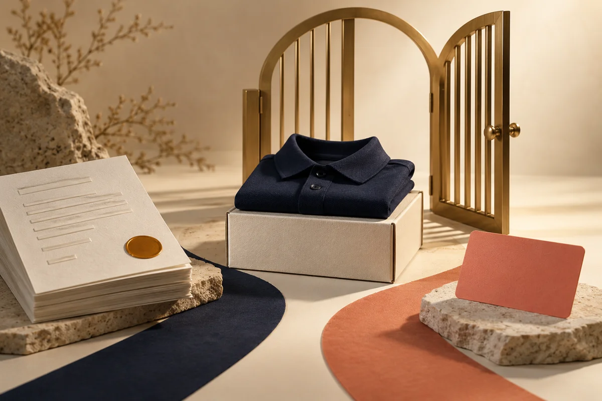 Sculptural purchase-order papers and a coral payment card leading toward an unbranded polo, shipping carton and brass release gate.