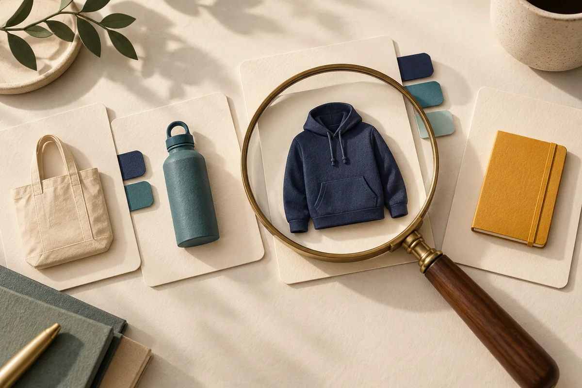 Conceptual editorial still life of a magnifying glass over a navy hoodie card, beside unbranded bottle, tote and notebook cards with colored selection tabs.