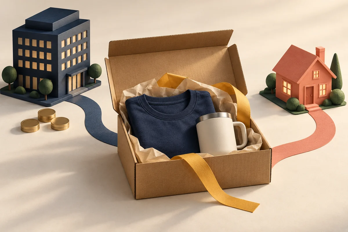 Conceptual paper-sculpture scene with an open gift parcel, navy office, coral home and brass tokens beside the office delivery route.