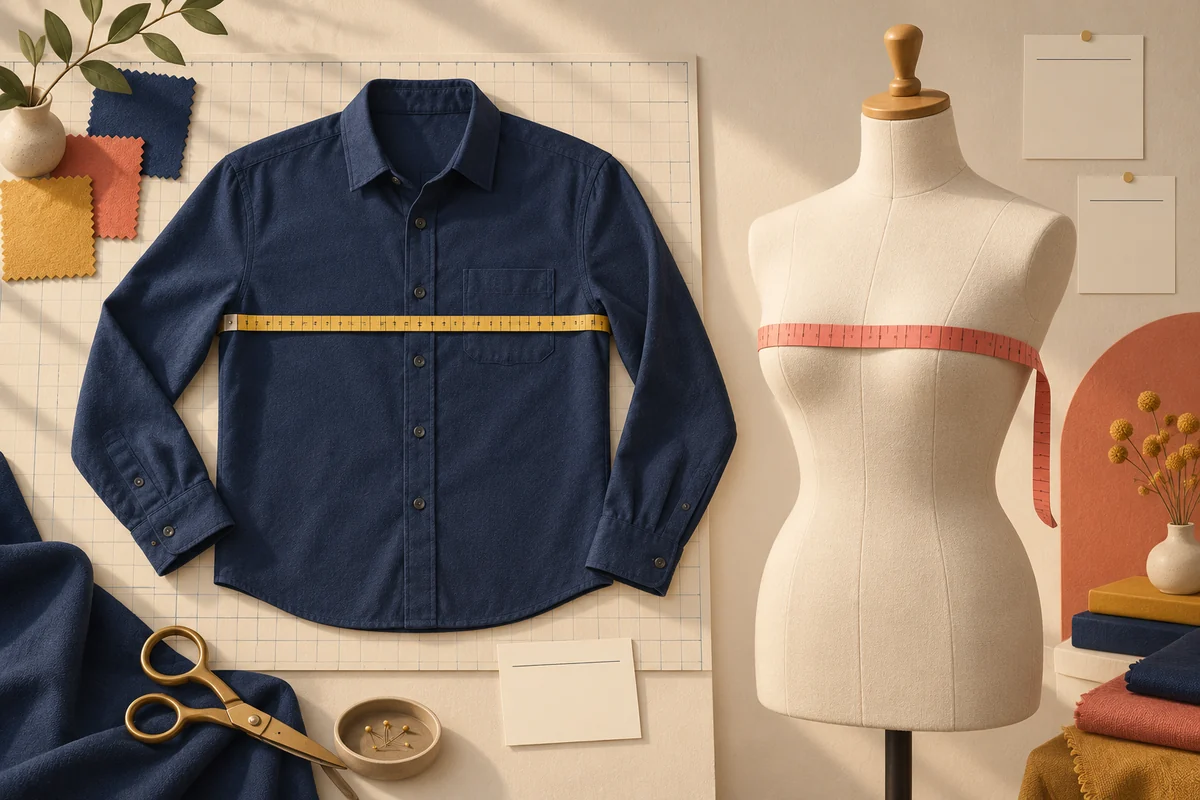 Conceptual illustration of a flat navy shirt measured across the chest beside a dressmaker torso with a separate tape around its chest.