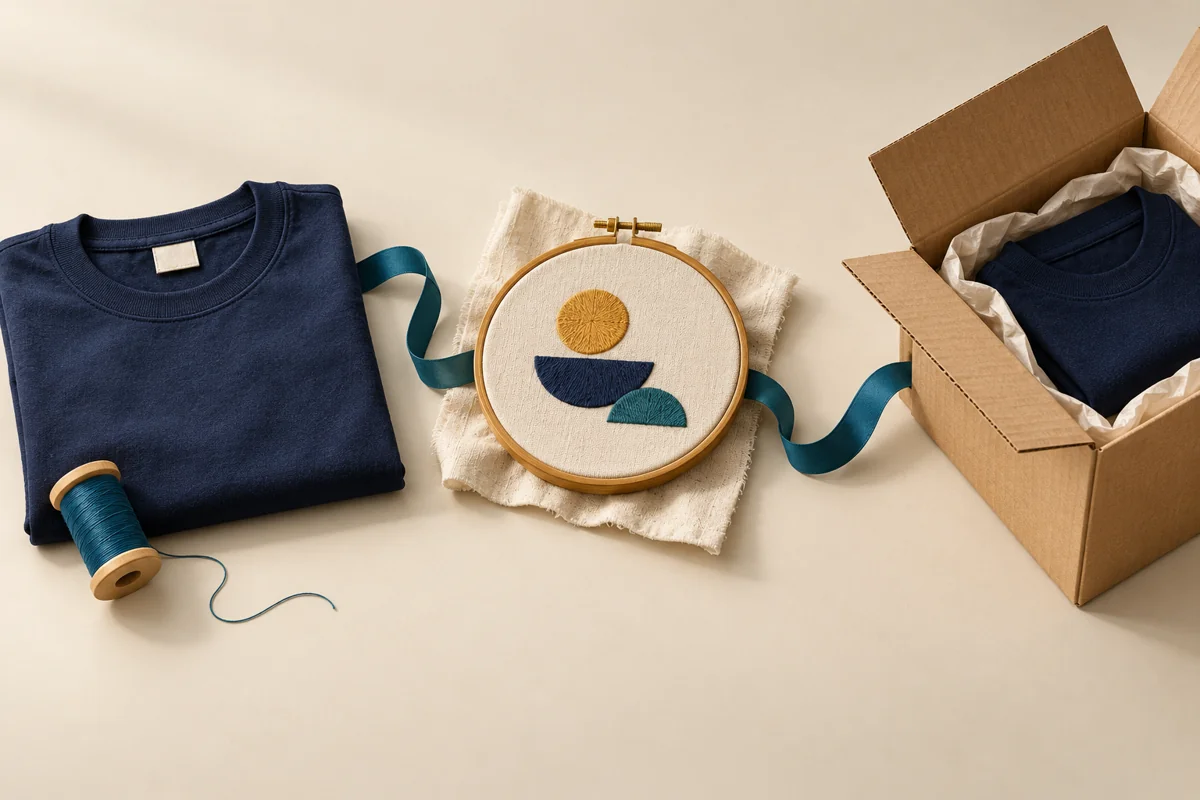 Conceptual paper-sculpture stations show a tagged navy shirt, an embroidery hoop and a shipping box connected by a teal ribbon.