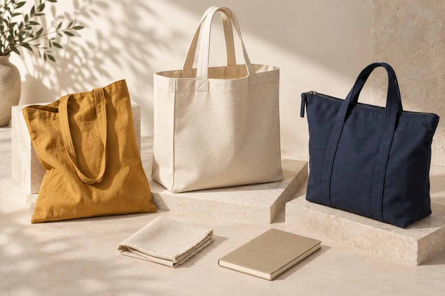 Three unbranded totes—ochre flat fabric, natural gusseted canvas and navy zippered—arranged on stone plinths with a fabric swatch and notebook.