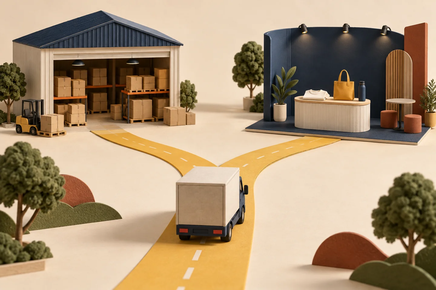 Miniature delivery truck at a forked yellow road leading to a carton-filled warehouse and a conference booth displaying an unbranded shirt, tote and bottle.
