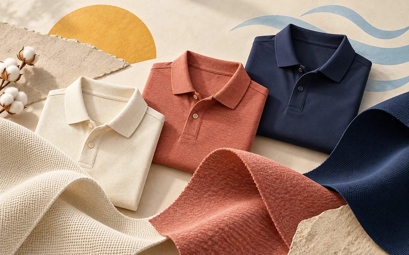 Editorial illustration of cream, coral and navy folded polos with textured fabric swatches, a yellow sun and blue airflow ribbons.