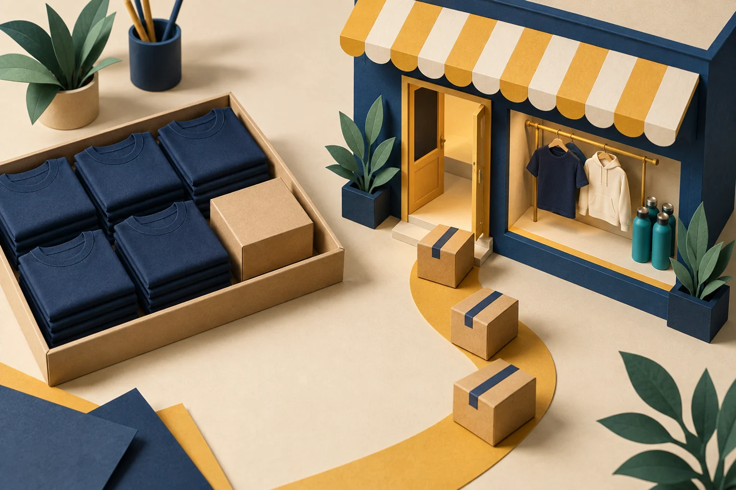 Paper-cut illustration of a navy-and-yellow merchandise storefront, individual parcels and a tray of folded shirts representing ongoing and group ordering.