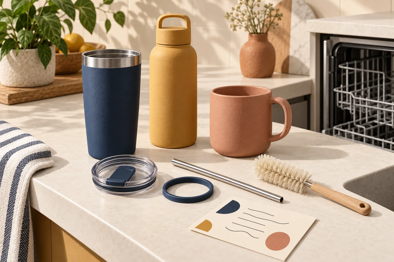 Conceptual drinkware care scene with a tumbler, bottle, mug, separated lid and gasket, bottle brush and care card beside a dishwasher.