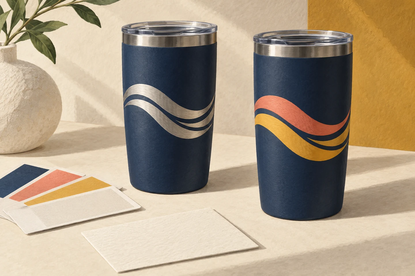 Conceptual illustration of two navy tumblers, one with a silver wave decoration and one with coral and yellow waves, beside color swatches.