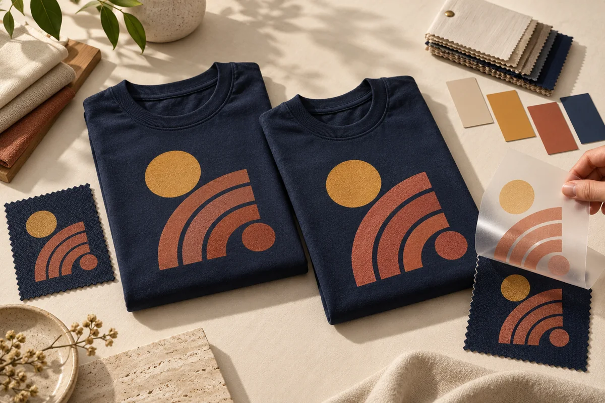 Conceptual illustration of two navy shirts with matching abstract artwork, fabric samples and a lifted transfer film.