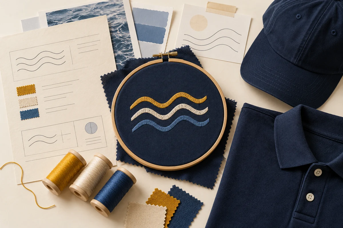 Conceptual embroidery handoff with a stitched wave swatch, thread spools, production worksheet, folded polo and cap.