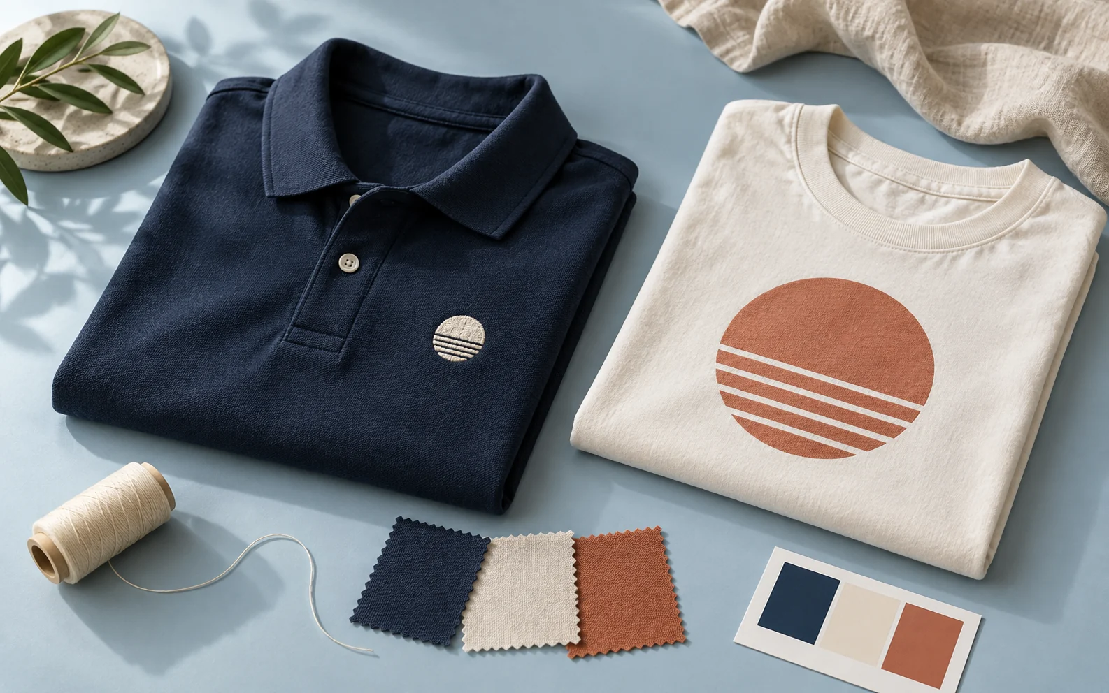 Editorial illustration of a navy polo with a small cream stitched motif beside a cream T-shirt with a larger terracotta print, thread and fabric swatches.