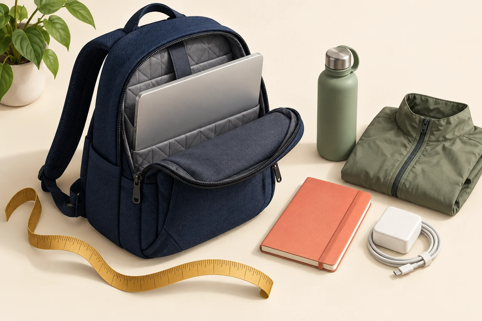 Nonbranded navy backpack with a laptop, measuring tape, bottle, notebook, charger and folded jacket arranged for a daily-carry fit check.