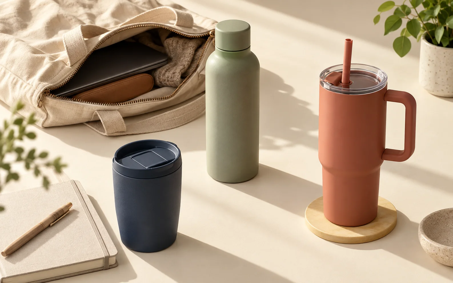 A navy sip-lid tumbler, sage screw-cap bottle and terracotta straw tumbler beside a notebook and open commuter bag.