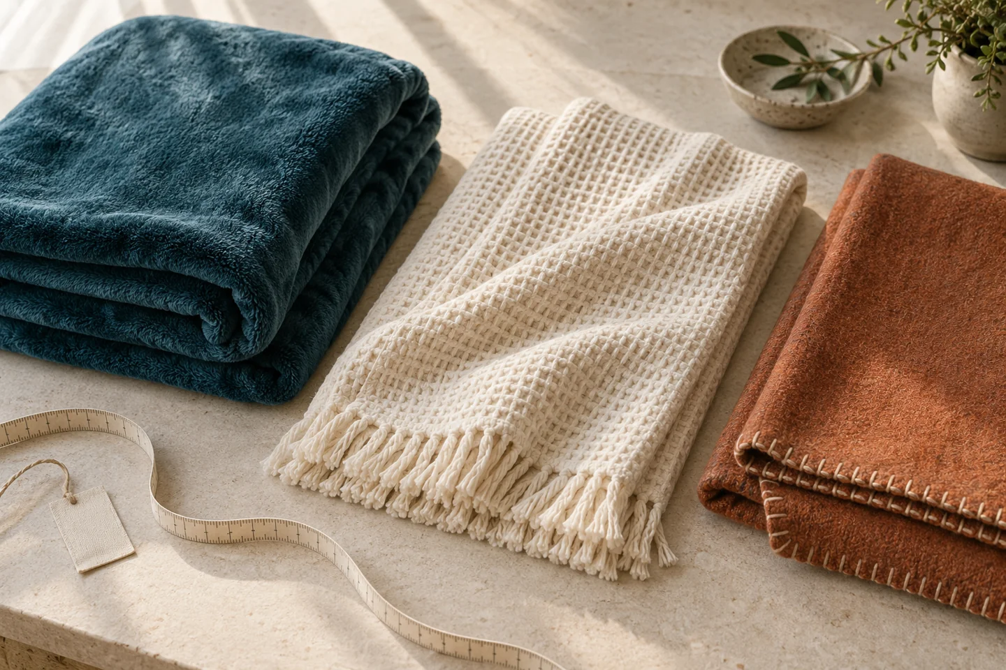 Editorial still life of teal plush, ivory waffle-weave and rust woven blankets with a measuring tape and plain care tag.