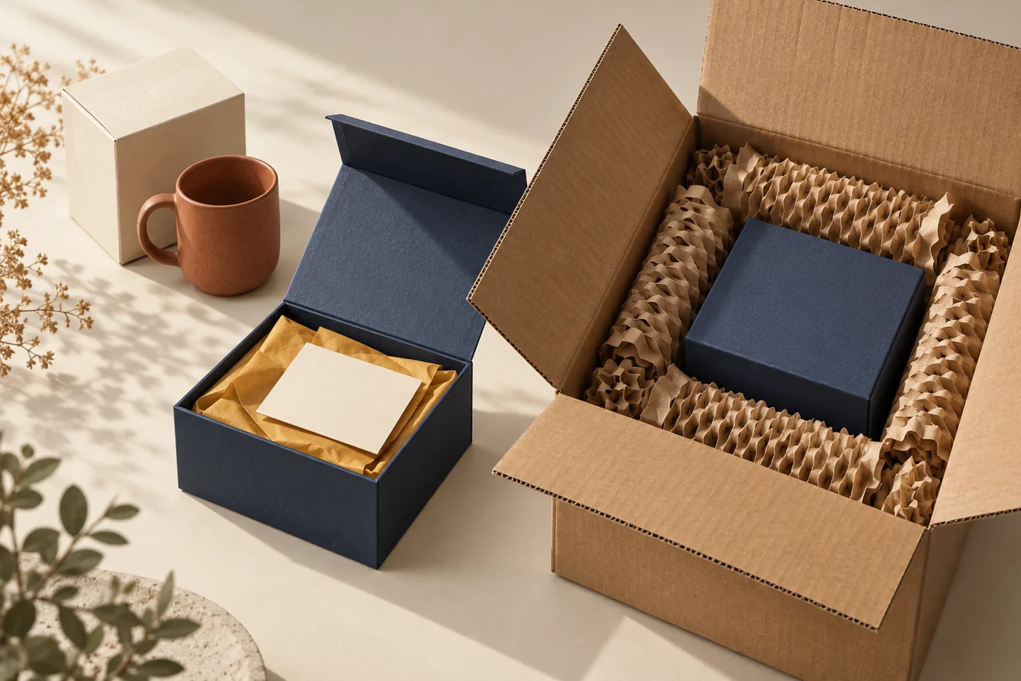 Editorial arrangement of a mug and retail carton, a navy presentation box with tissue and a note, and a gift box cushioned inside a corrugated shipping carton.