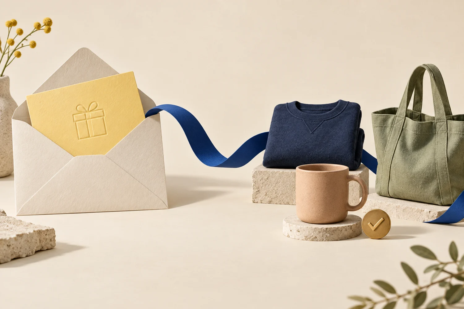 A yellow gift invitation in an open envelope connects by a blue ribbon to a folded sweatshirt, ceramic mug and sage tote, with a checkmark beside the mug.