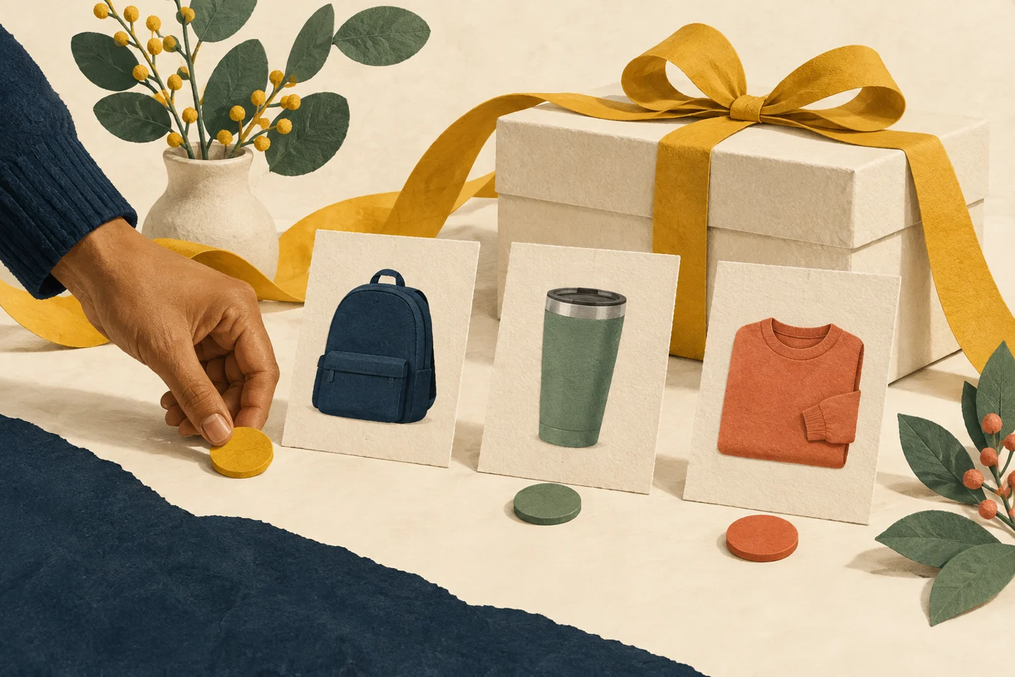 Paper-cut illustration of a hand placing a preference token beside backpack, cup and sweatshirt cards, with a wrapped gift behind them.