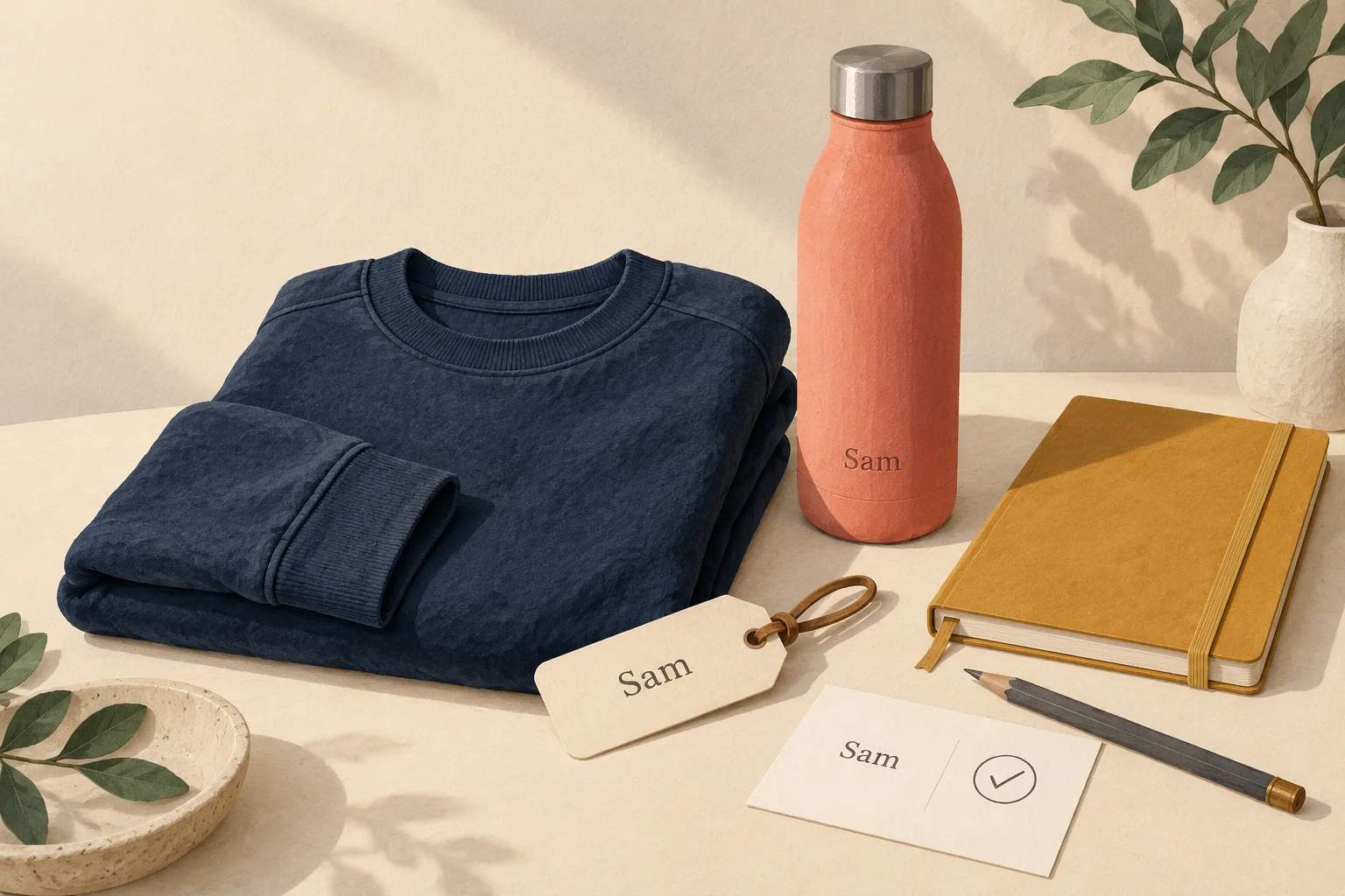 Editorial illustration of a bottle personalized with Sam, a removable Sam tag and an approved name proof beside a blank navy sweatshirt and ochre notebook.