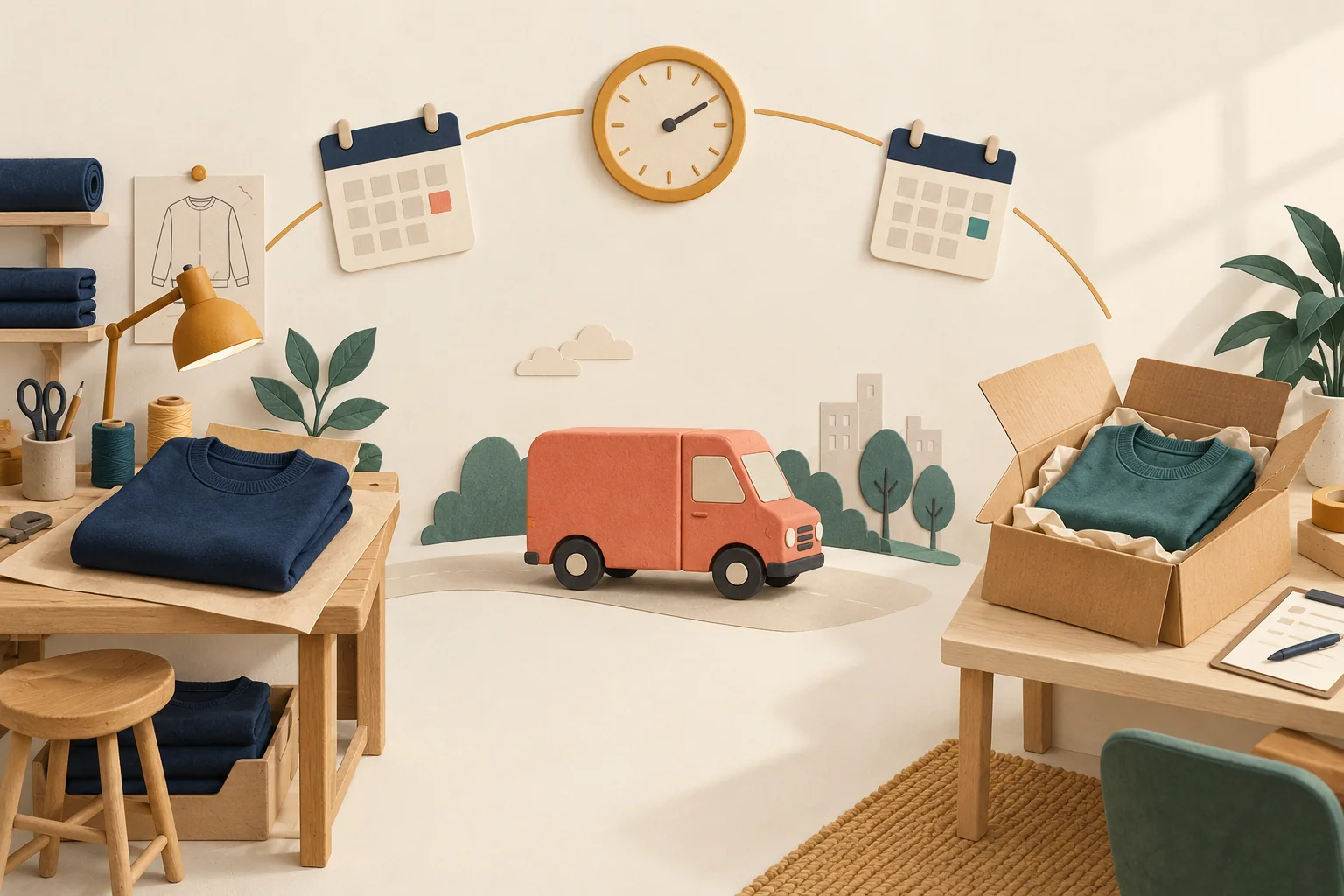 Custom editorial illustration of a sweatshirt production bench, delivery van and received parcel connected by calendar tiles and a clock.