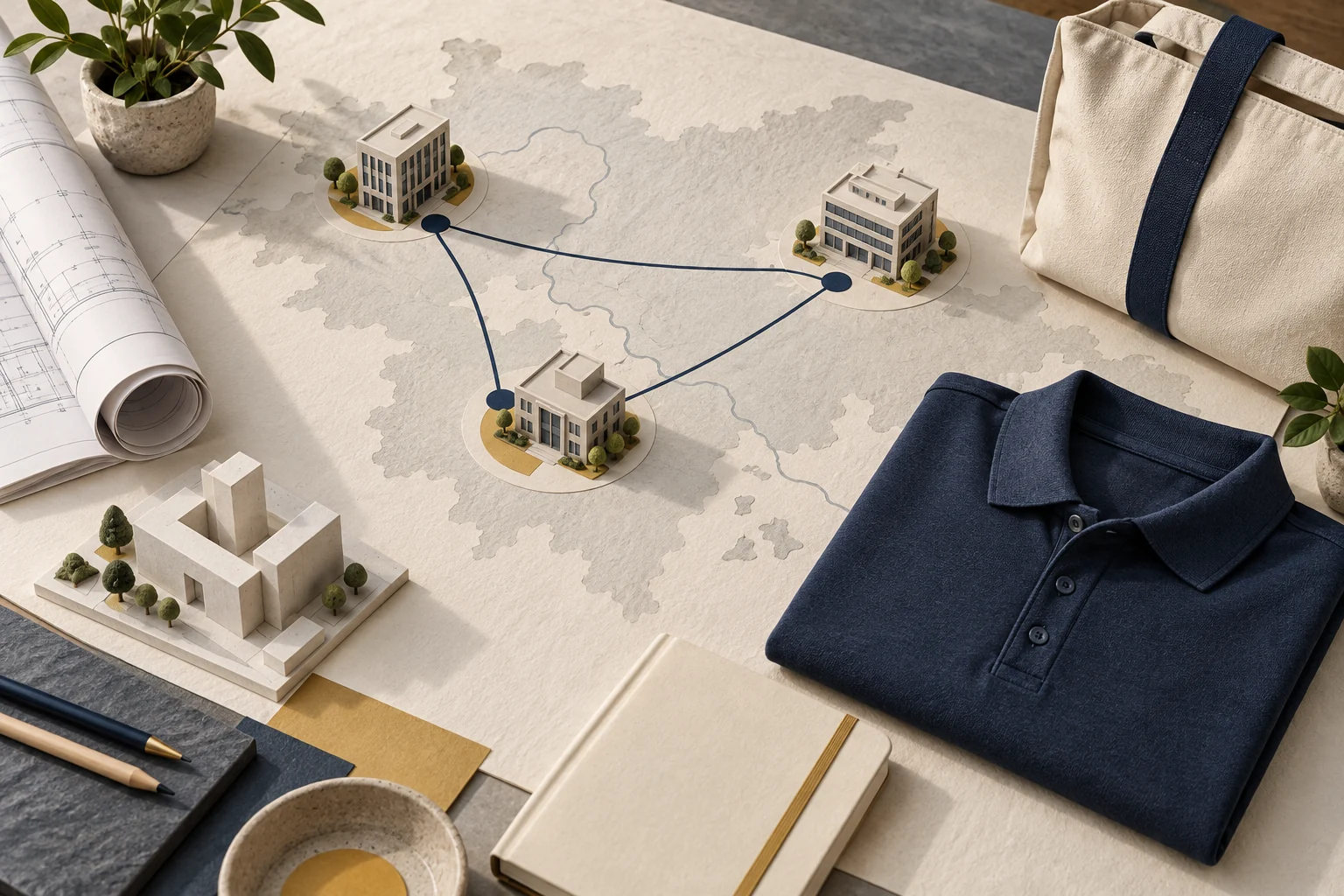 Conceptual engineering planning table with three connected miniature offices, architectural drawings, an unbranded navy polo, notebook and canvas bag.