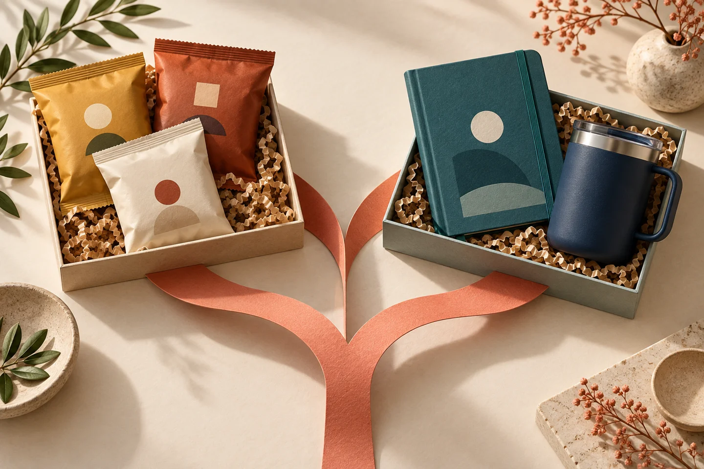 Conceptual illustration of a branching coral ribbon leading to two gift trays: sealed snack packets on one side and a teal notebook with a navy mug on the other.