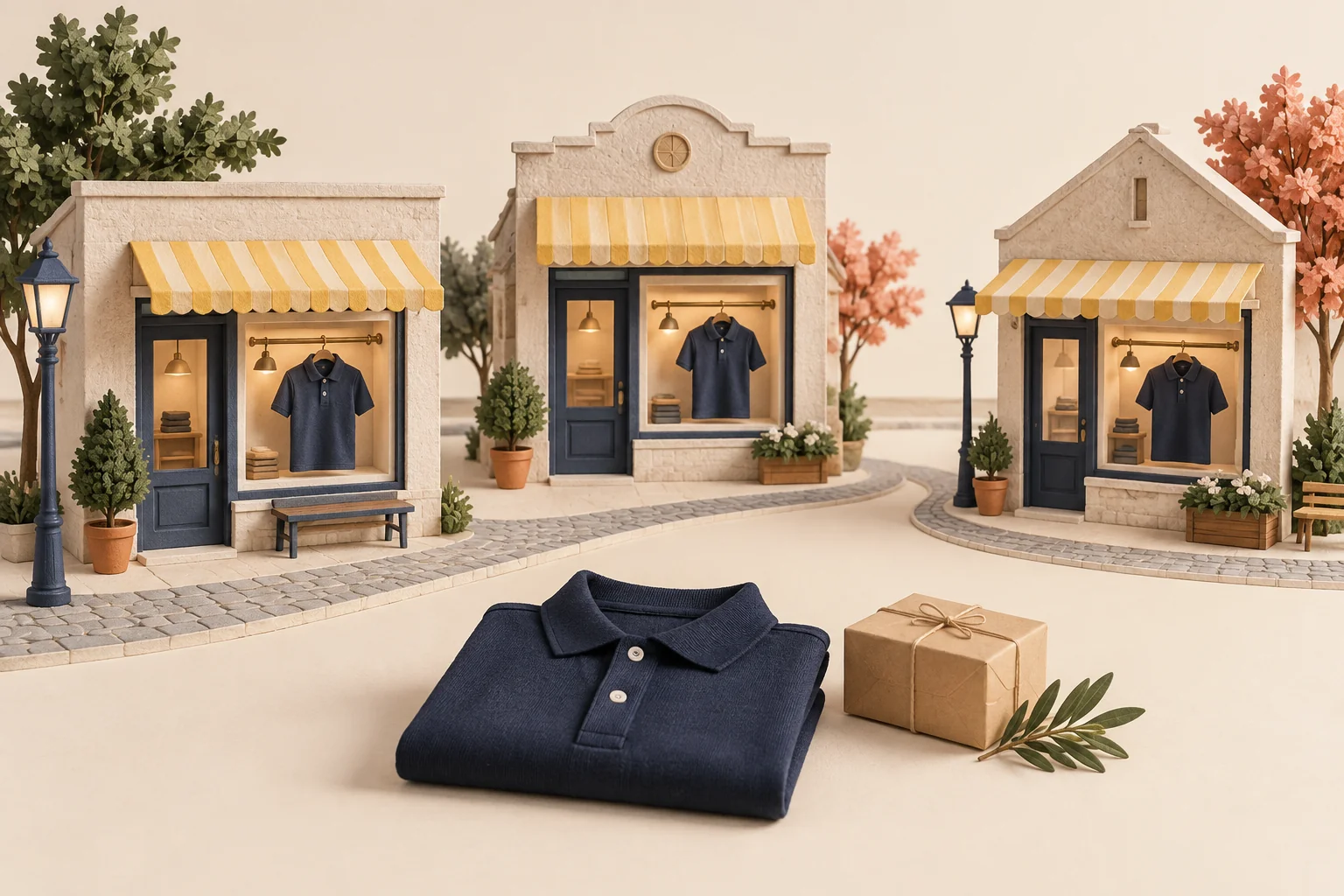Miniature storefronts with matching navy polos and yellow awnings, with a folded uniform and parcel in the foreground.