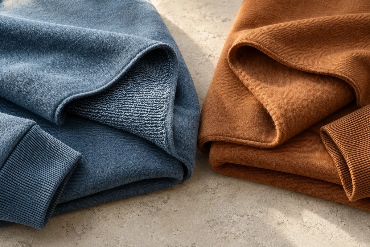 Blue loopback sweatshirt fabric and ochre brushed fleece folded open to show their contrasting interiors, with ribbed cuffs on a stone surface.