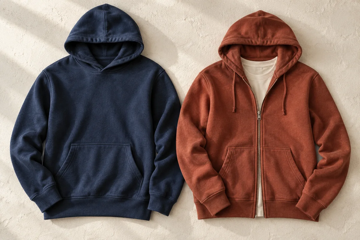Conceptual overhead photograph of a navy pullover hoodie beside a rust full-zip hoodie partly open over a cream shirt.