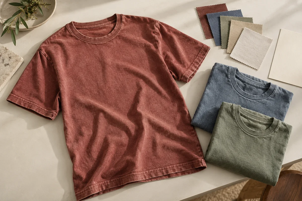 Unbranded clay-red washed cotton T-shirt beside folded slate-blue and sage tees, textile swatches and a blank cream sample card.