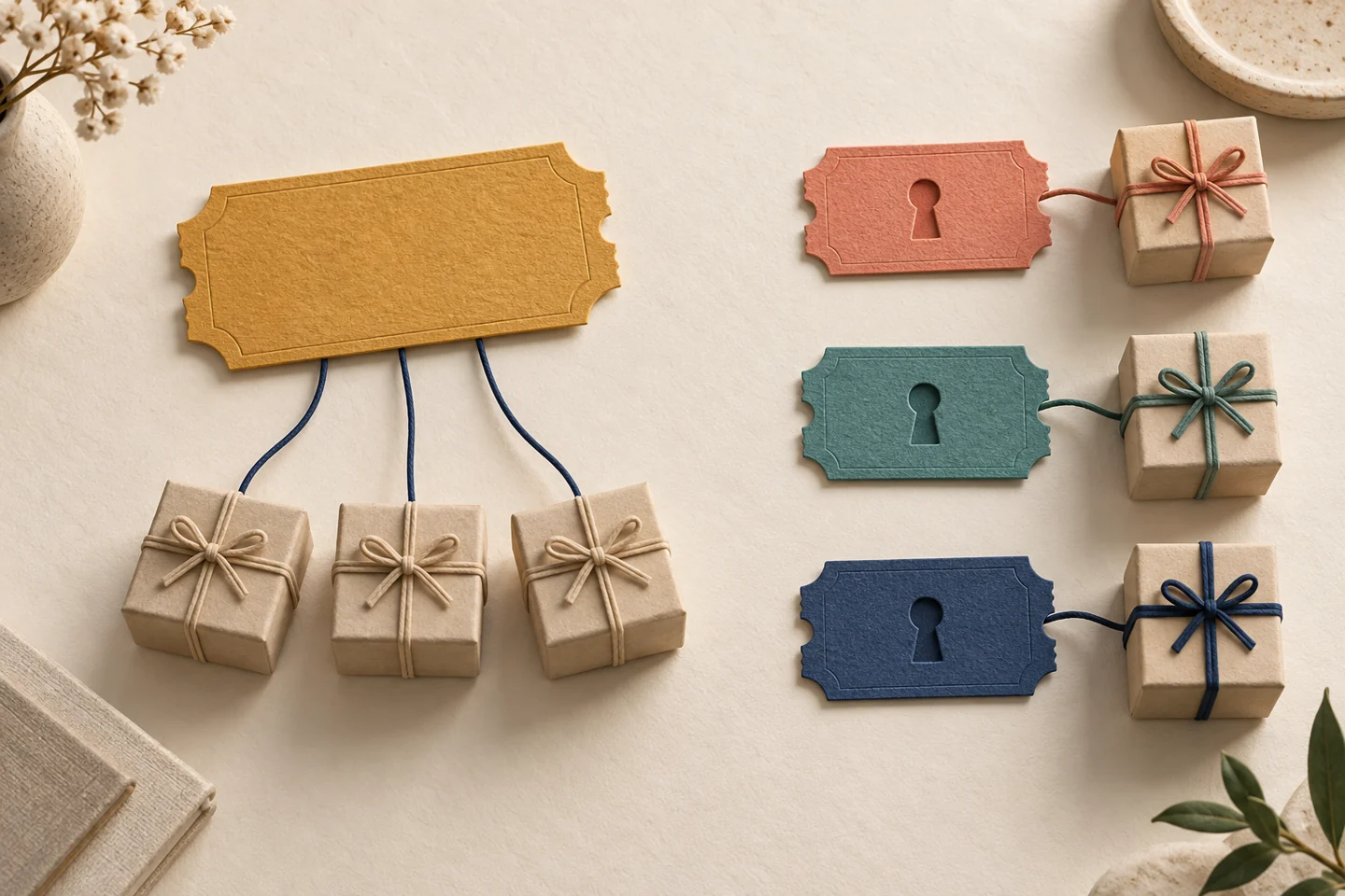 One shared ticket connected to several gift boxes beside three individual tickets paired with separate gifts.