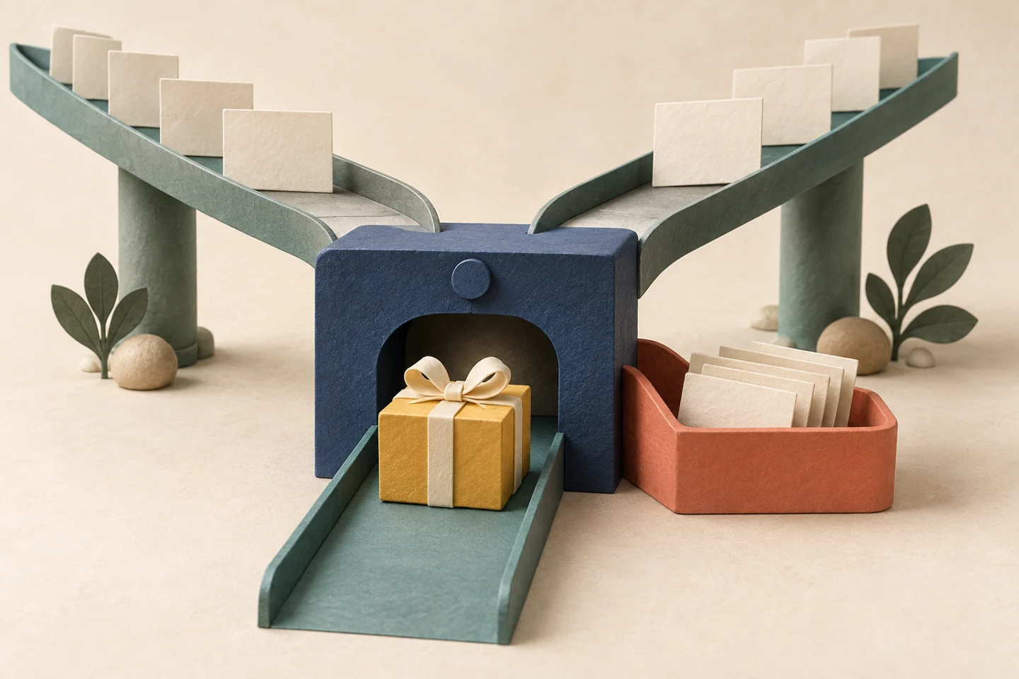 Tactile editorial illustration of two streams of blank recipient cards entering a navy sorting gate, with one yellow gift emerging and extra cards in a coral tray.