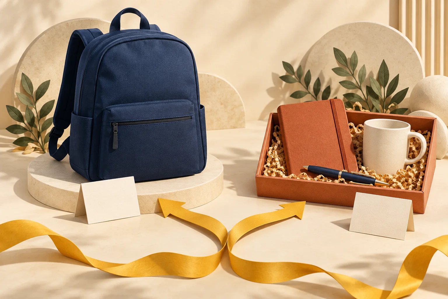 Conceptual gift comparison with a navy backpack beside a notebook, mug and pen bundle, connected by a branching yellow ribbon.