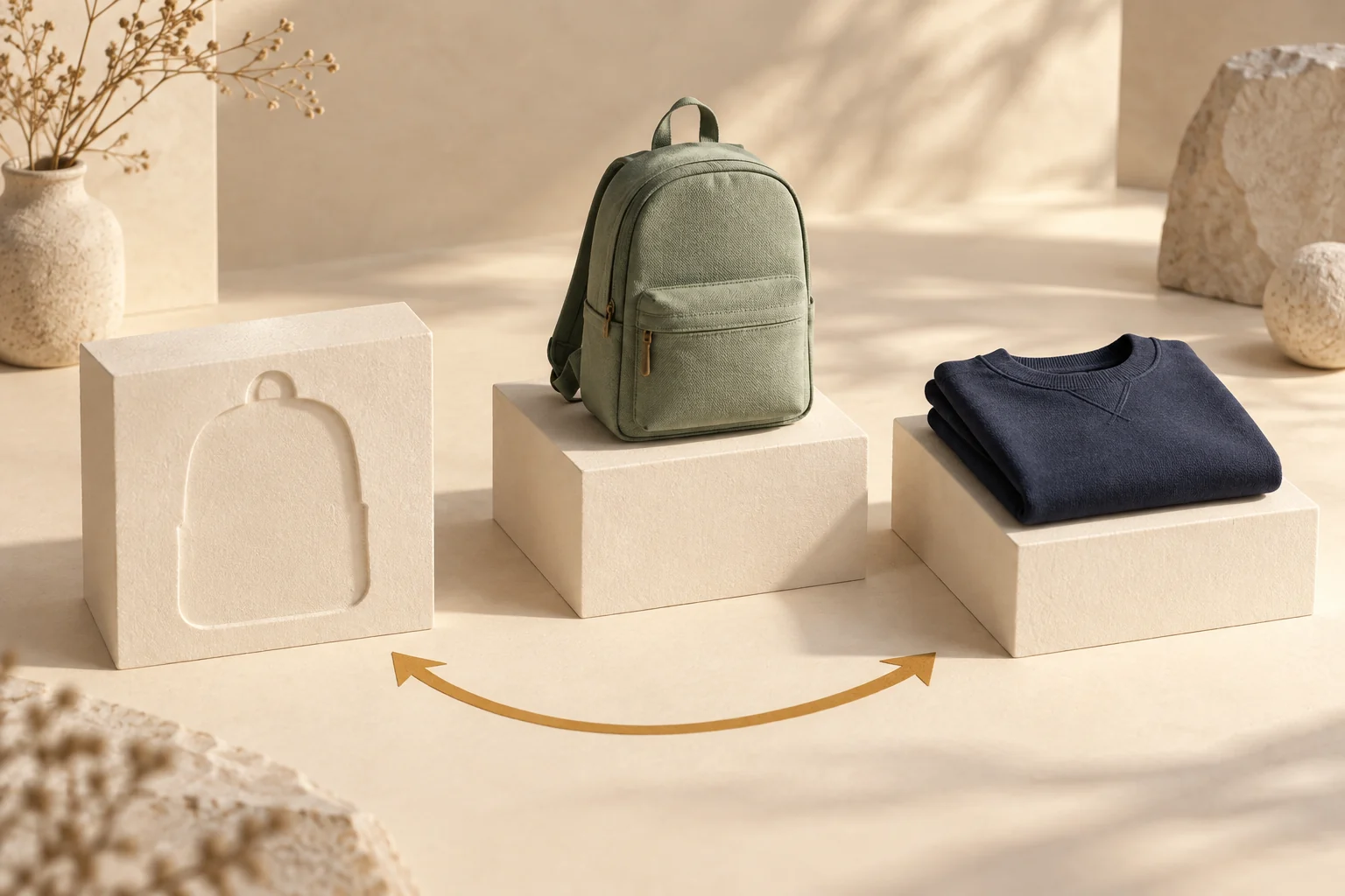 An empty backpack silhouette beside a sage backpack and folded navy sweatshirt on cream display blocks, representing gift replacement choices.