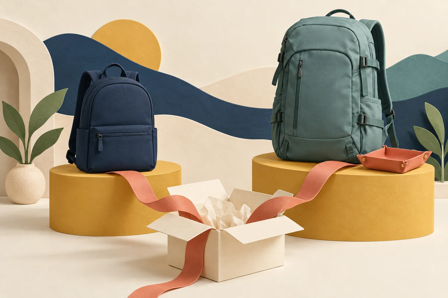 Conceptual illustration of navy and teal backpacks on yellow plinths, connected by coral ribbon to an open gift box, with a small tray beside the larger bag.