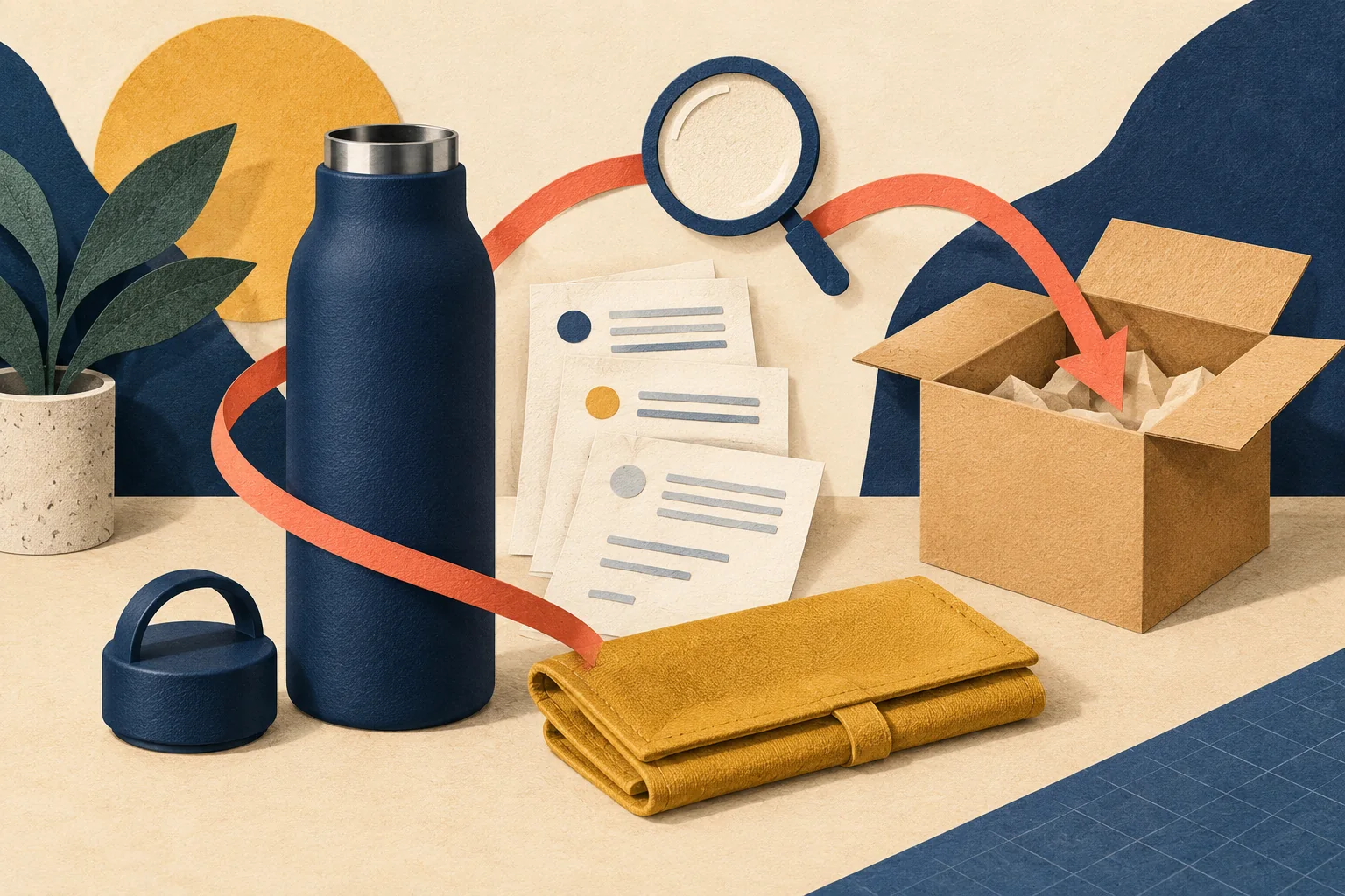 Paper-cut illustration of an unbranded navy bottle, service documents, magnifying glass and replacement parcel connected by a coral ribbon.