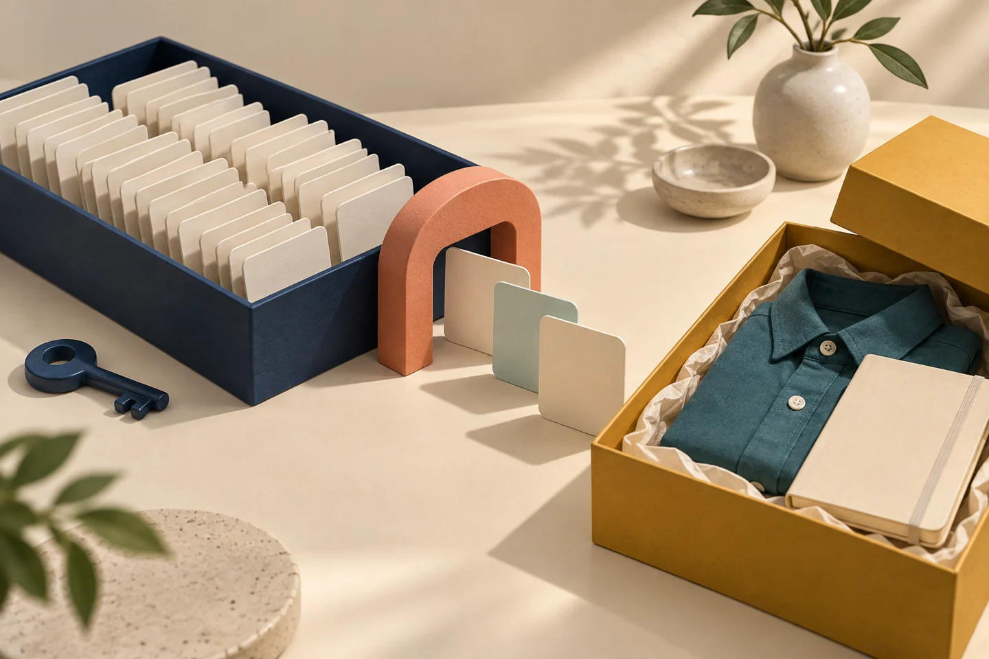 Conceptual still life of blank cards passing through a coral gate from a navy document tray toward a gift box containing a teal shirt and cream notebook.
